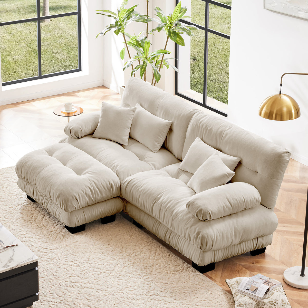 Brown Chenille 2-Seat Couch with Ottoman