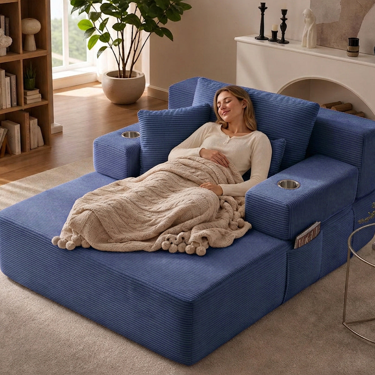 Blue Corduroy Sleeper Sofa, 60.2 in Wide
