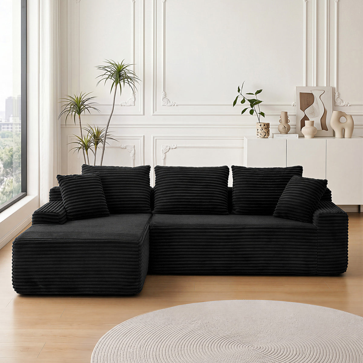 Black L-Shaped Modular Sectional Couch, 95 in Wide, Left-Facing