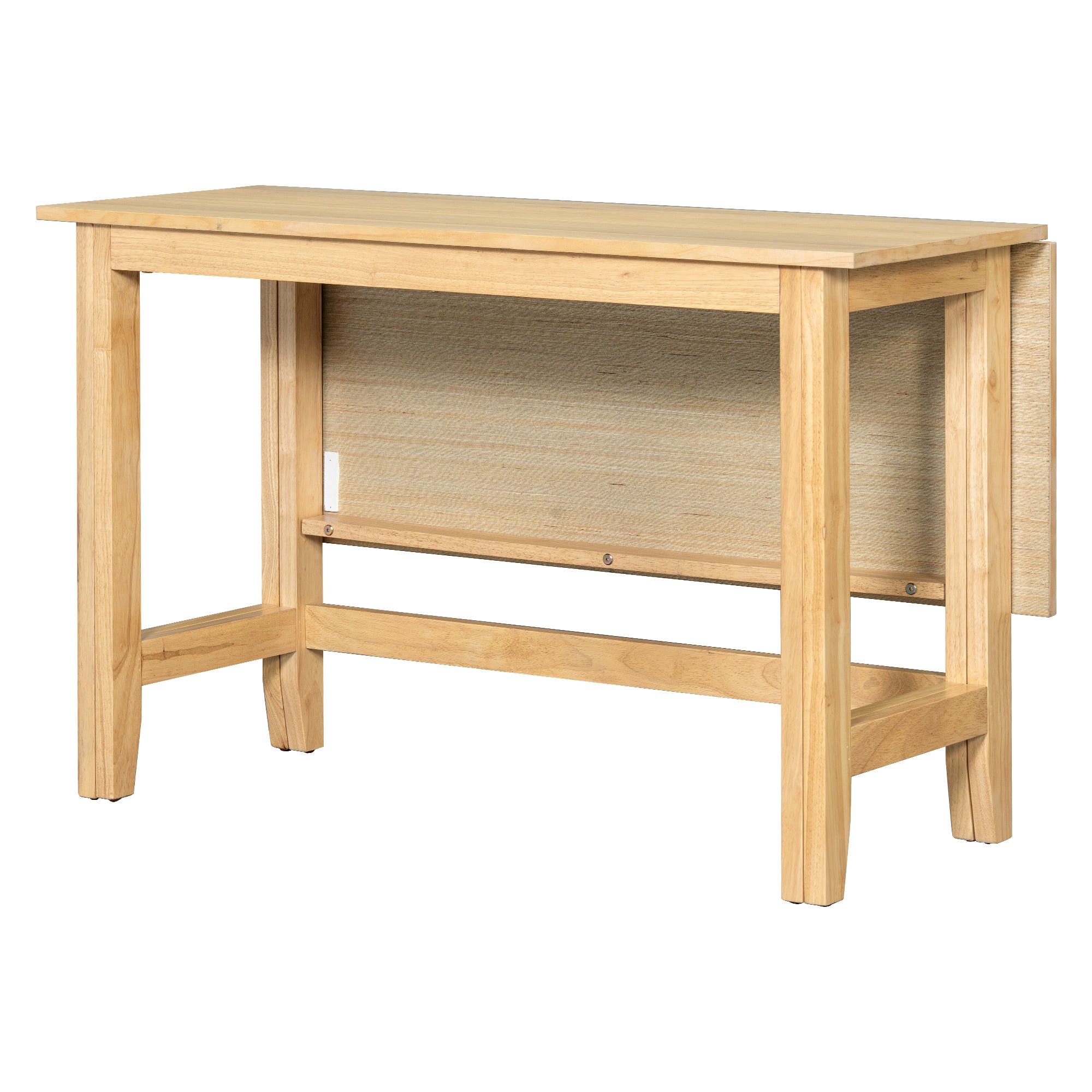 Natural wood drop-leaf dining table with top fully extended, three-quarter studio view