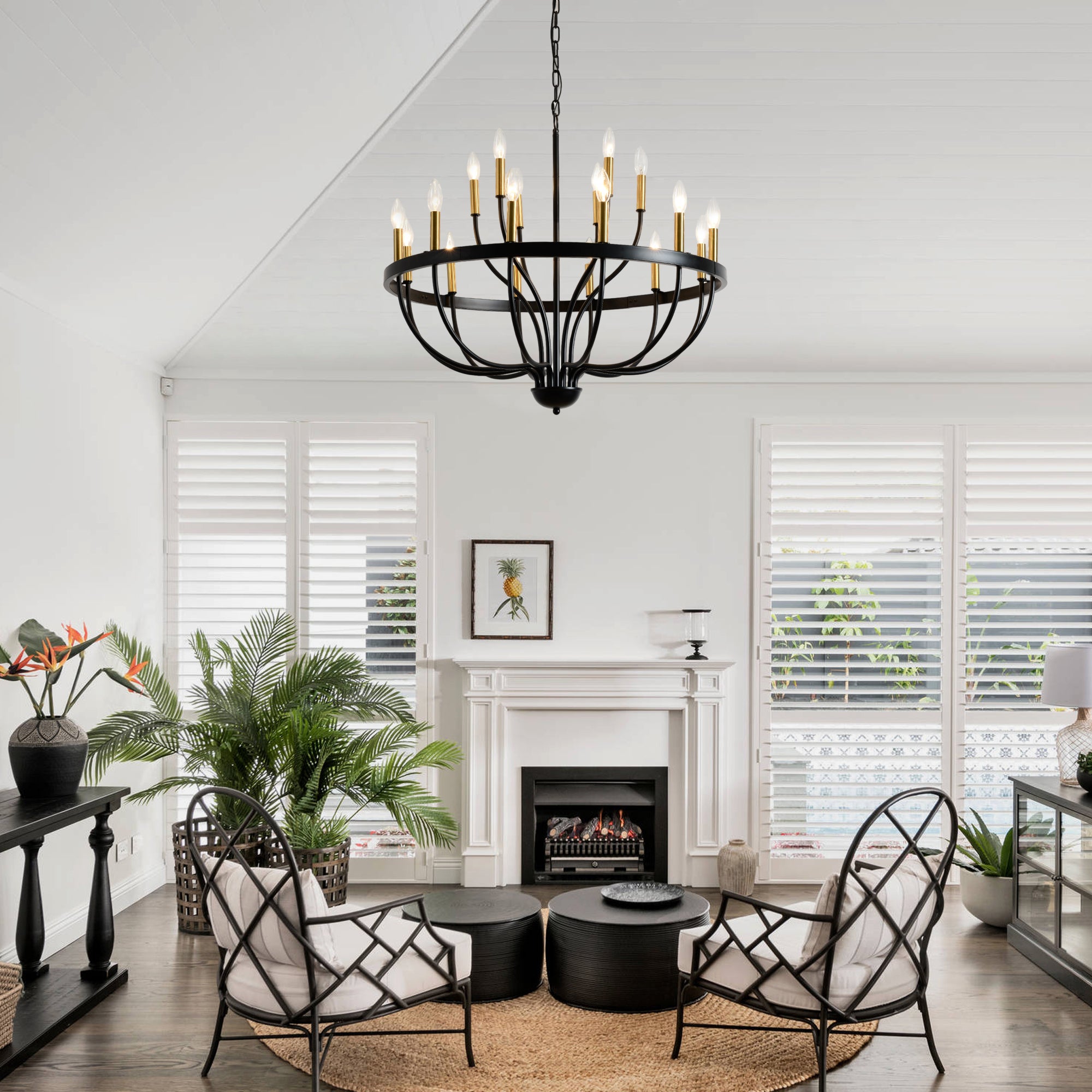 Chandelier, 18-Light Farmhouse Metal Candle-Style, Gold and Black