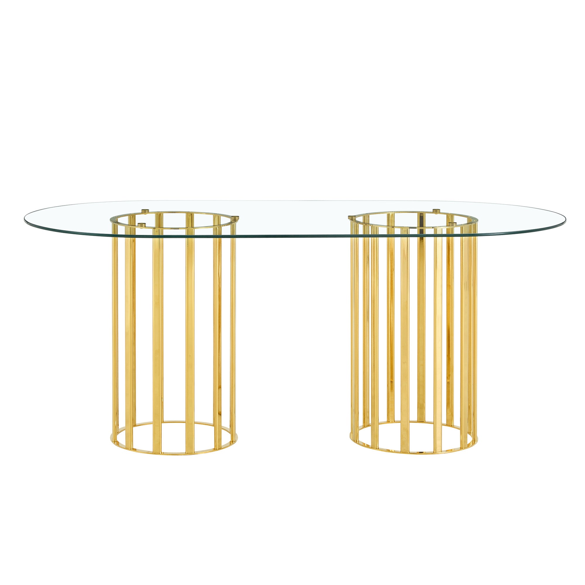 Front studio view of oval glass dining table with gold double-column base on a white background