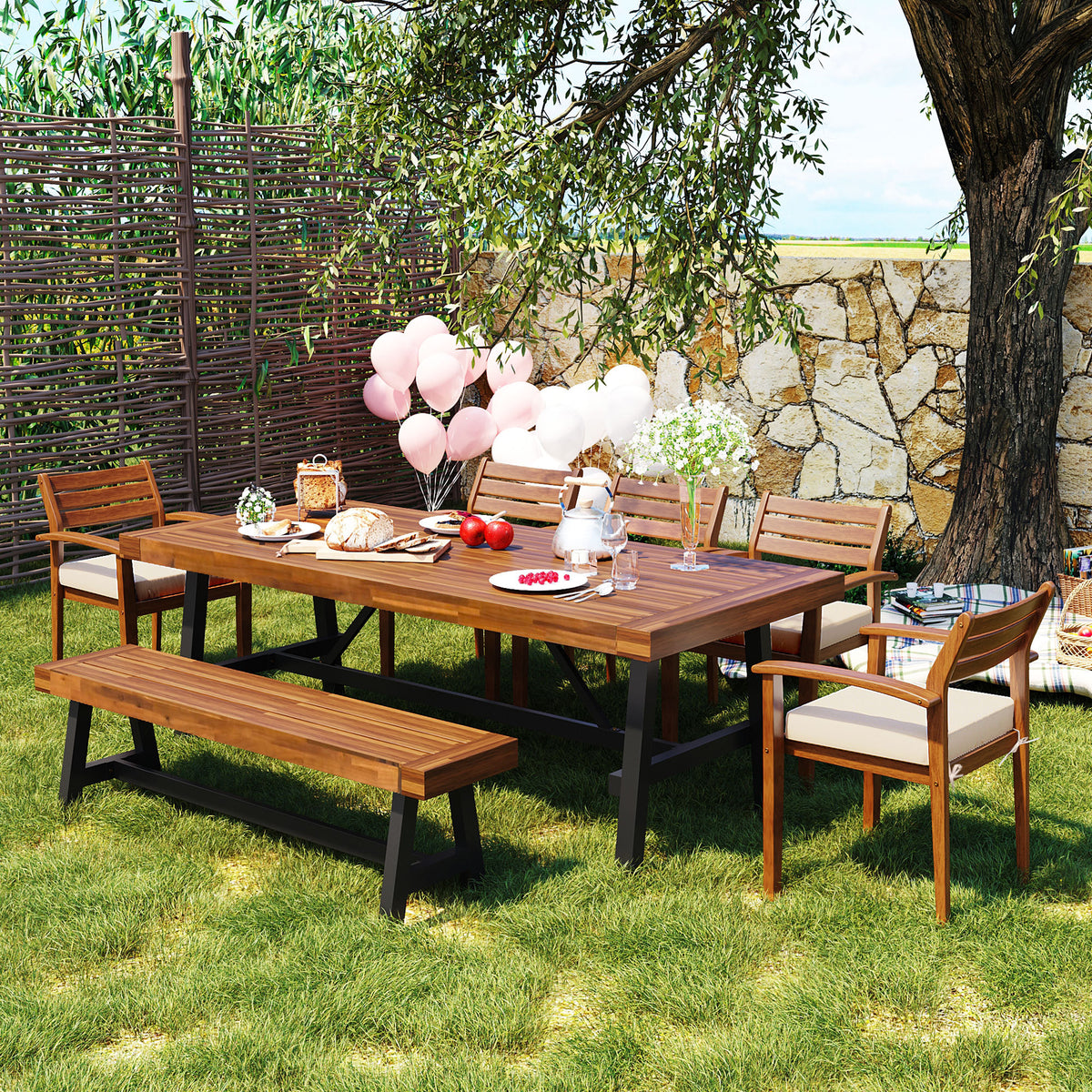 Solid Wood 7-Piece Patio Dining Set for 8 with Cushions