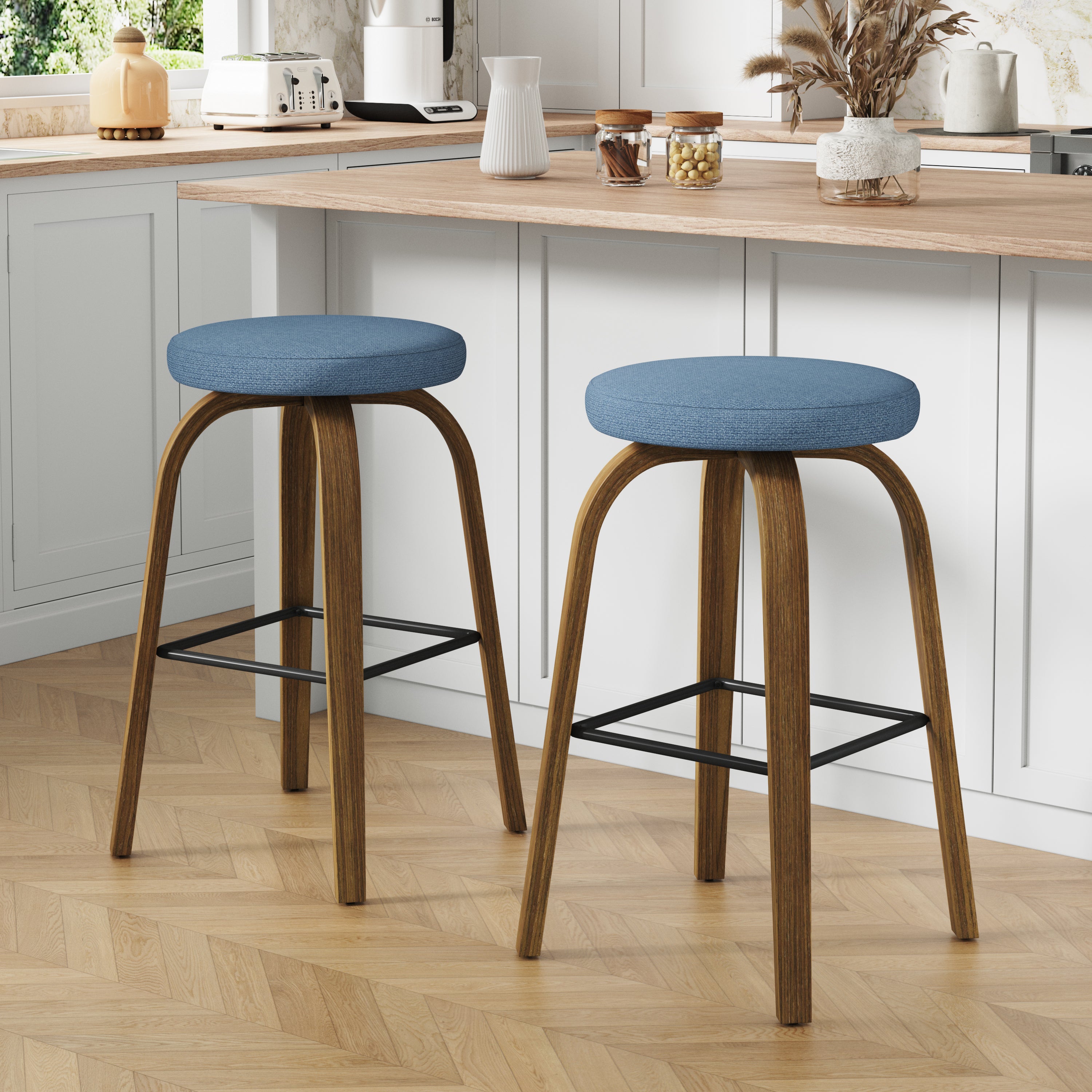 Swivel Bar Stools Set of 2, Blue, Backless 30 in
