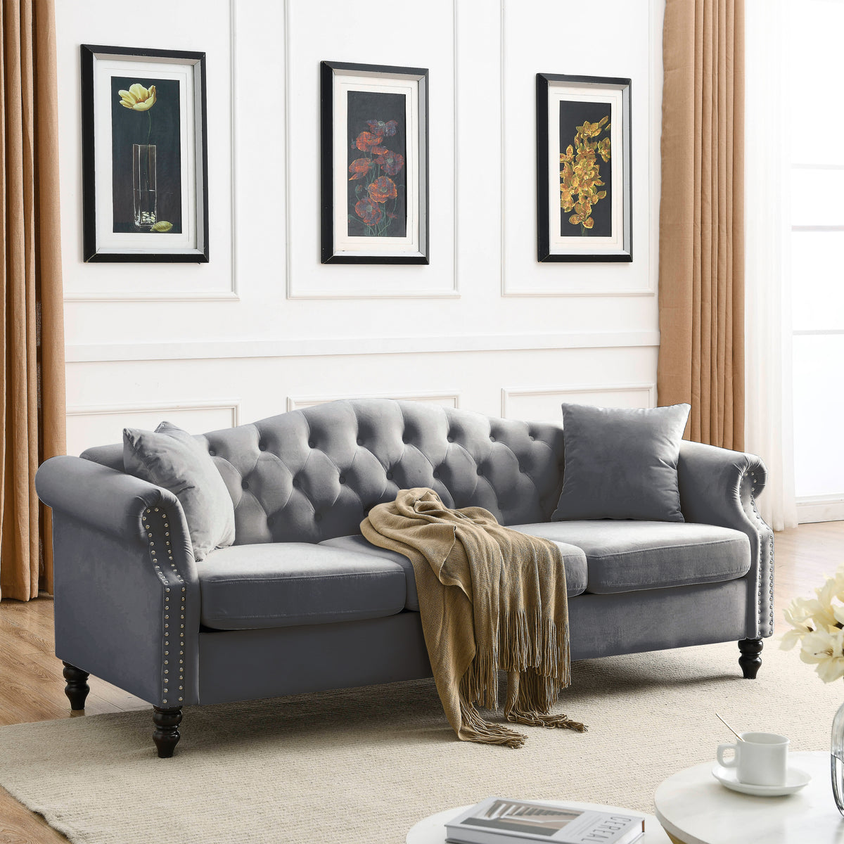 Gray Velvet 3-Seat Chesterfield Sofa, 79 in Wide