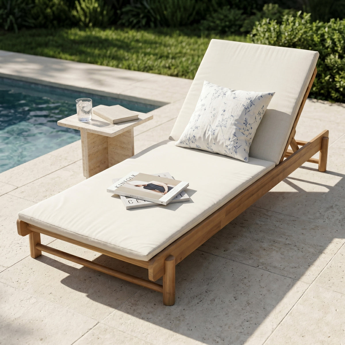 Teak Finish Solid Wood Outdoor Chaise Lounge, Cream Cushion, 2-Fold Cushion