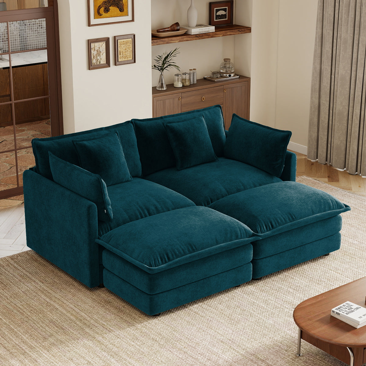 Blue Chenille 2-Seat Couch with 2 Ottomans, Track Arms