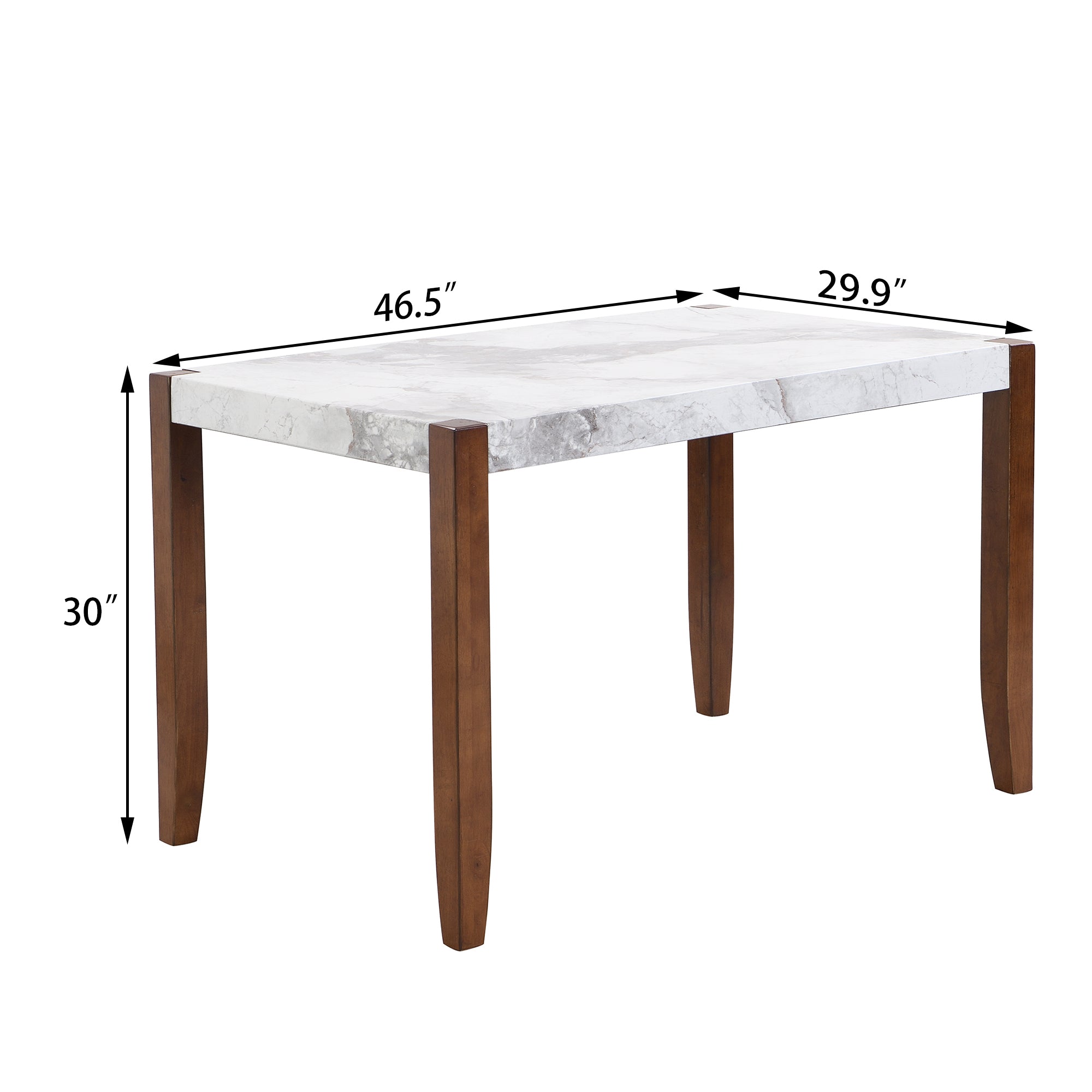 Dimension diagram of the faux marble dining table showing 46.5 in length, 29.9 in width, 30 in height