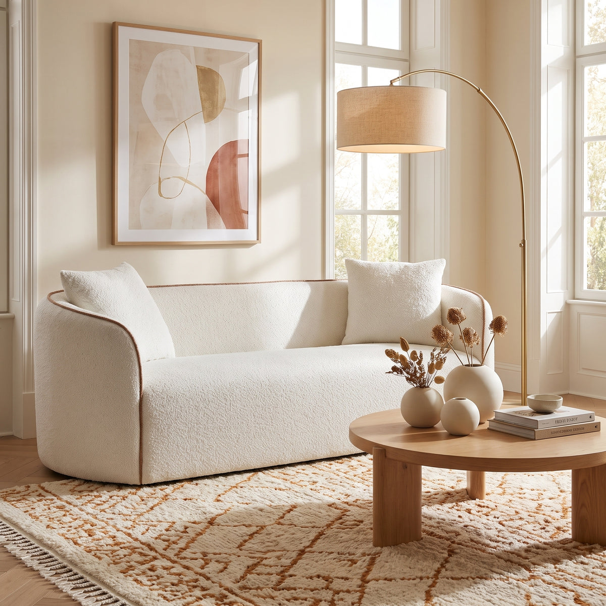 White 3-Seat Curved Sofa, 82 in Wide