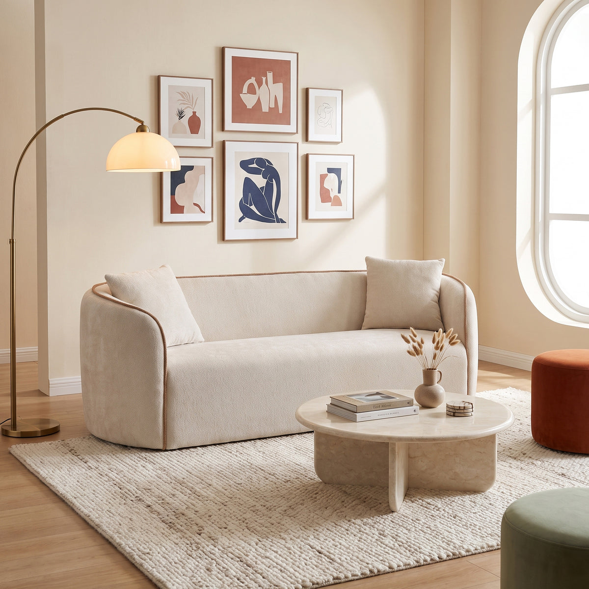 Beige Boucle 3-Seat Curved Sofa, 82 in Wide