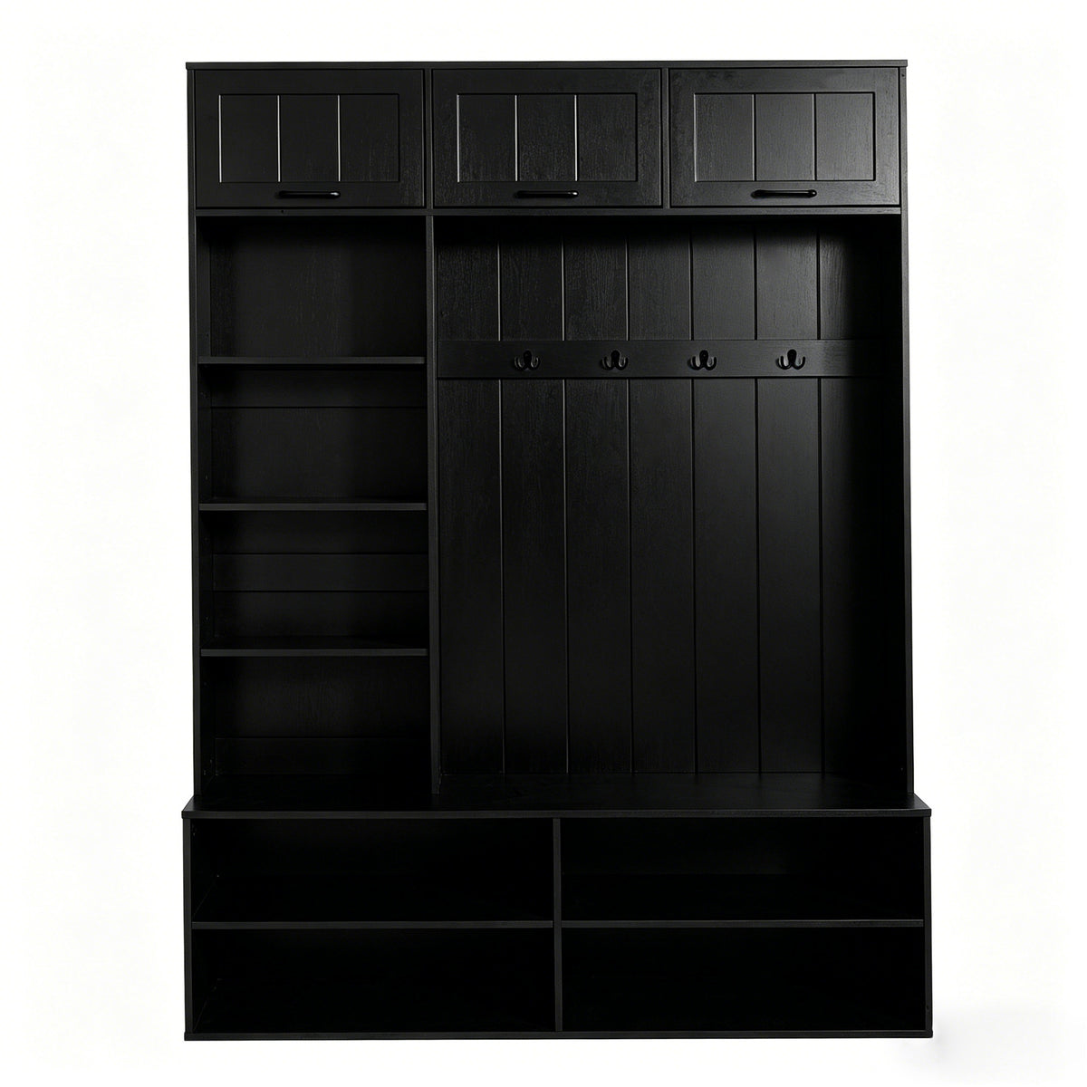 Black Hall Tree with Bench and Shoe Storage, 59 in Wide, 76.9 in Tall
