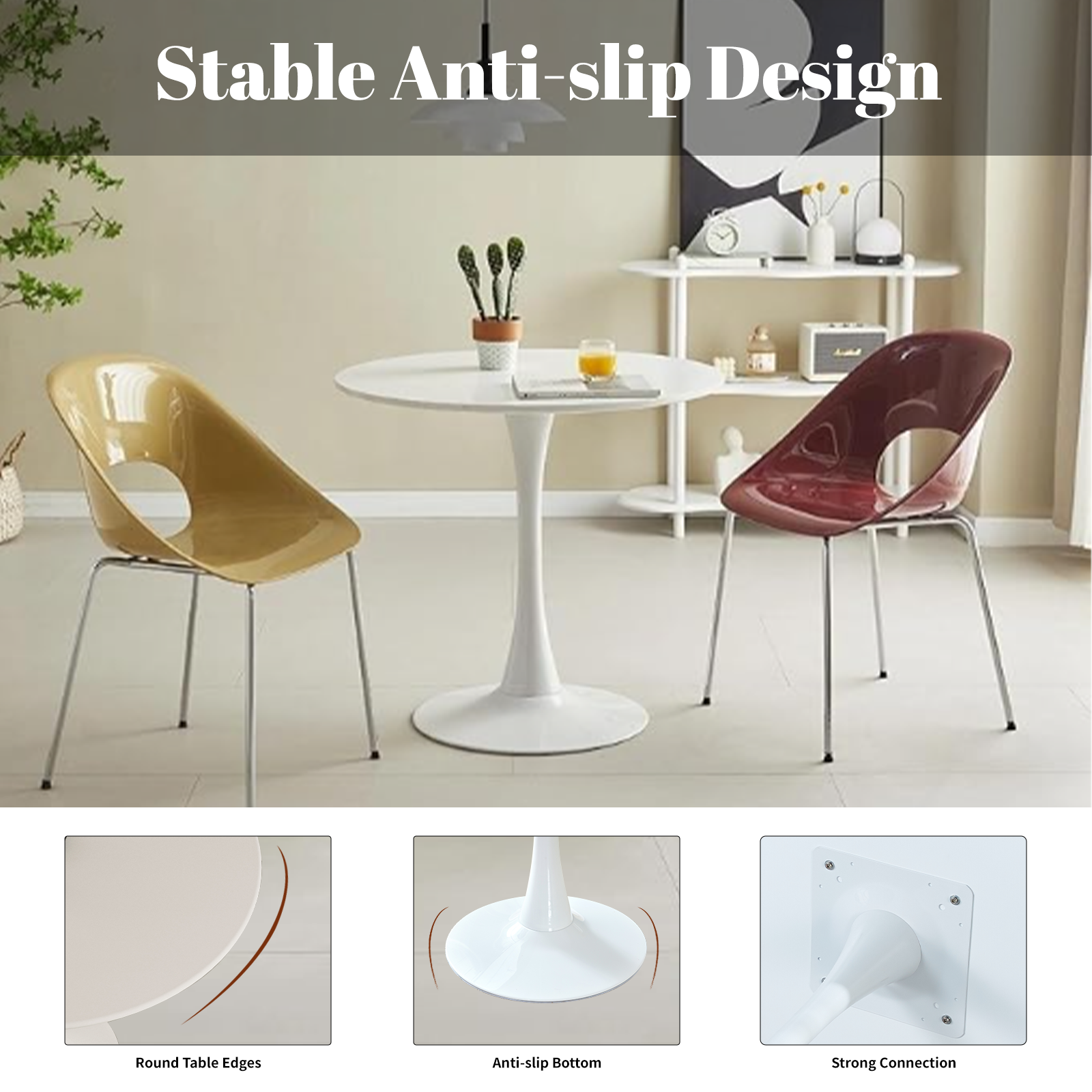 Feature graphic showing the white dining table stable anti-slip base and rounded edges