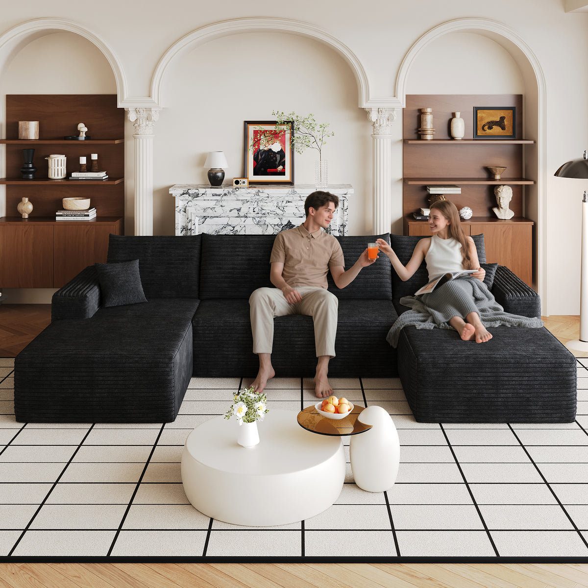 Black Corduroy U-Shaped Sectional Couch, No Assembly, 134 in Wide