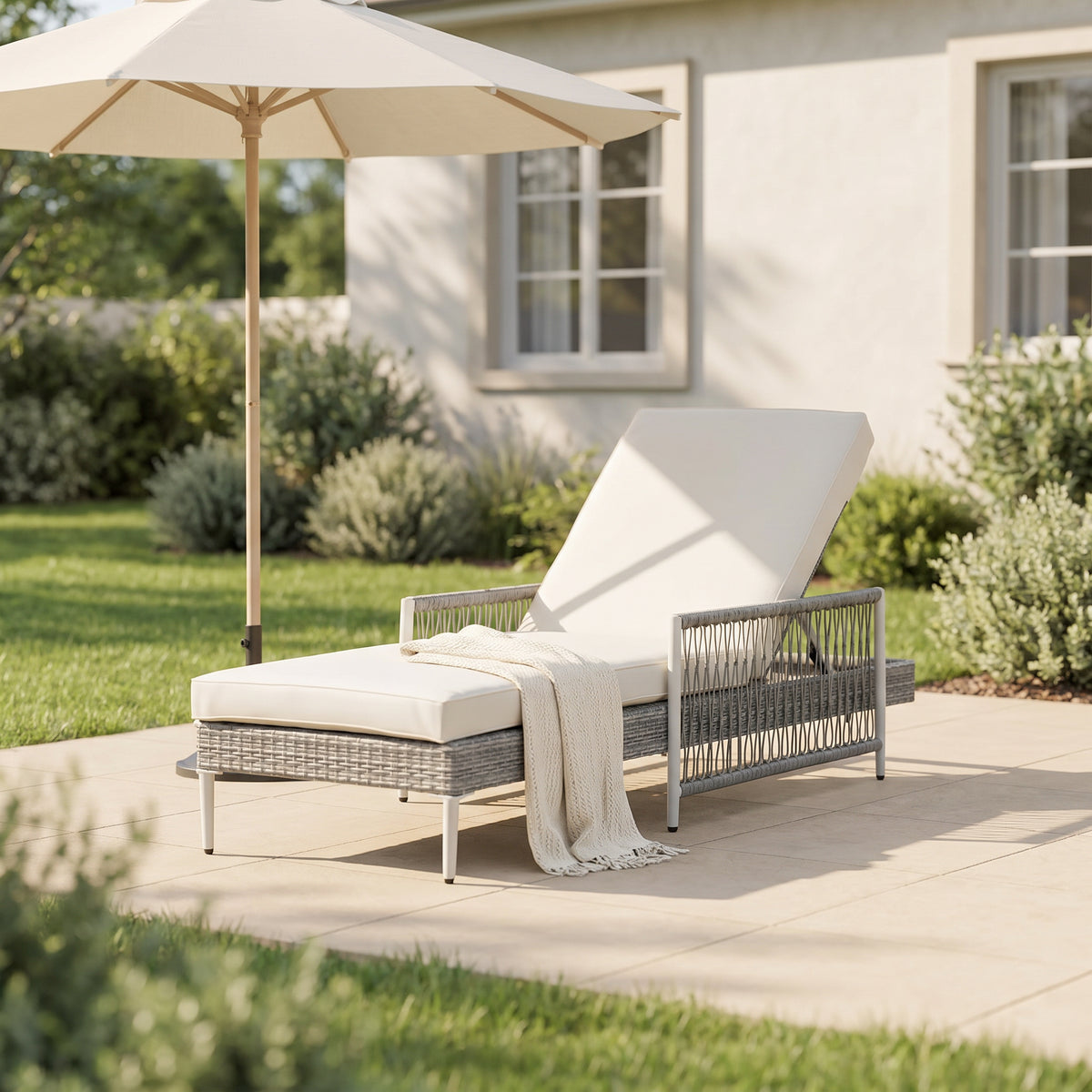 Gray Wicker Adjustable Outdoor Chaise Lounge with Gray Cushions