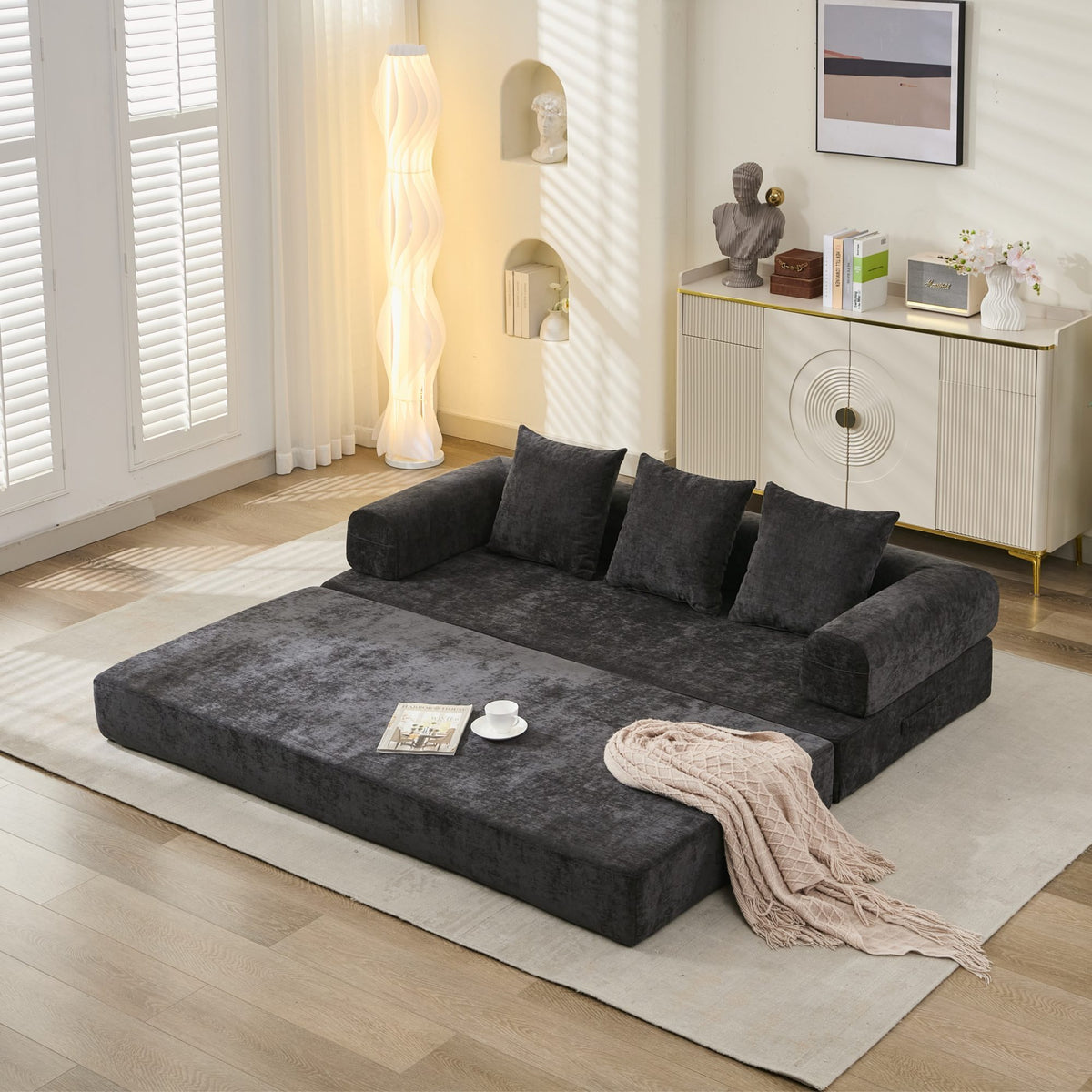 Black Chenille Sleeper Sofa, 78.8 in Wide