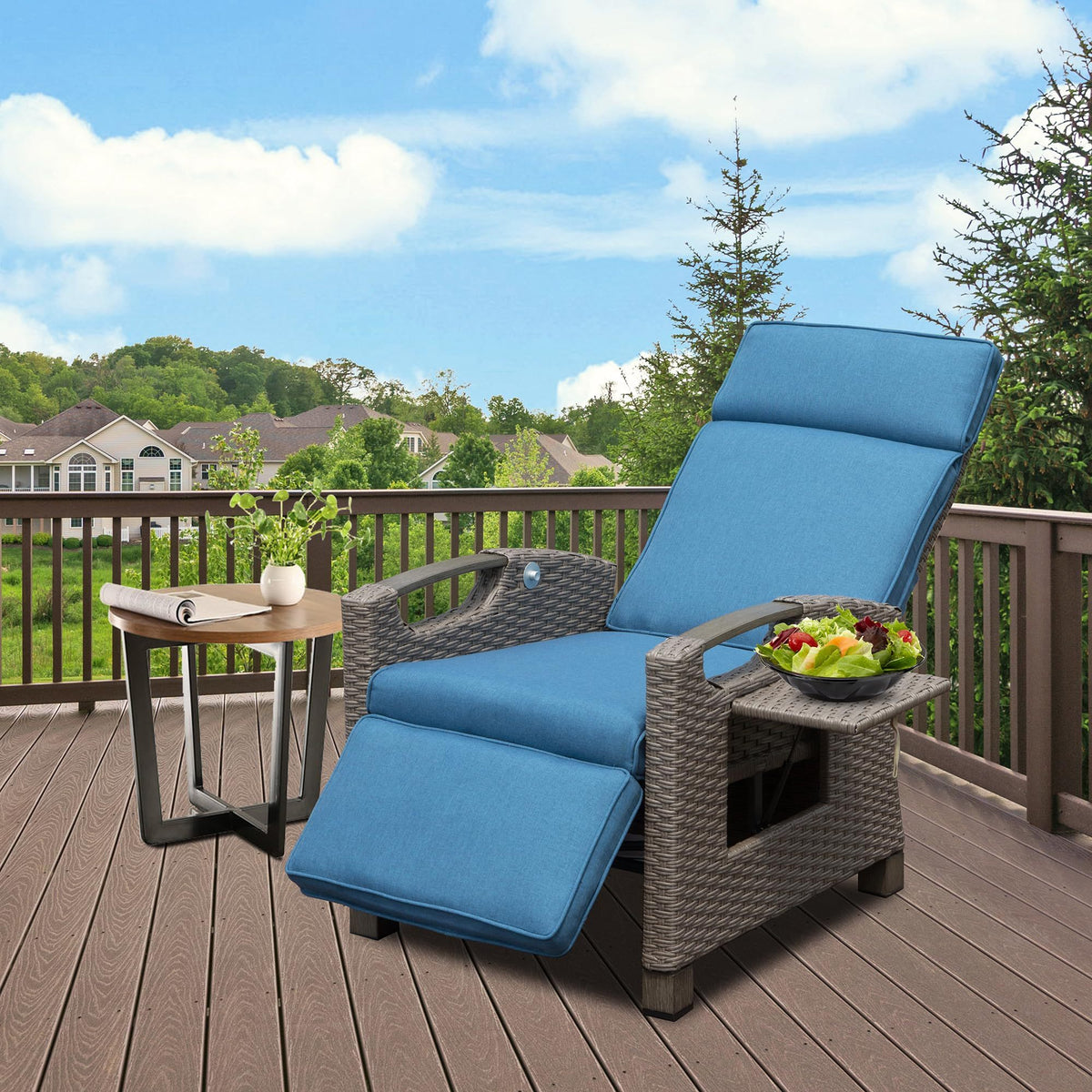 Blue Wicker Patio Recliner Chair with Cushions