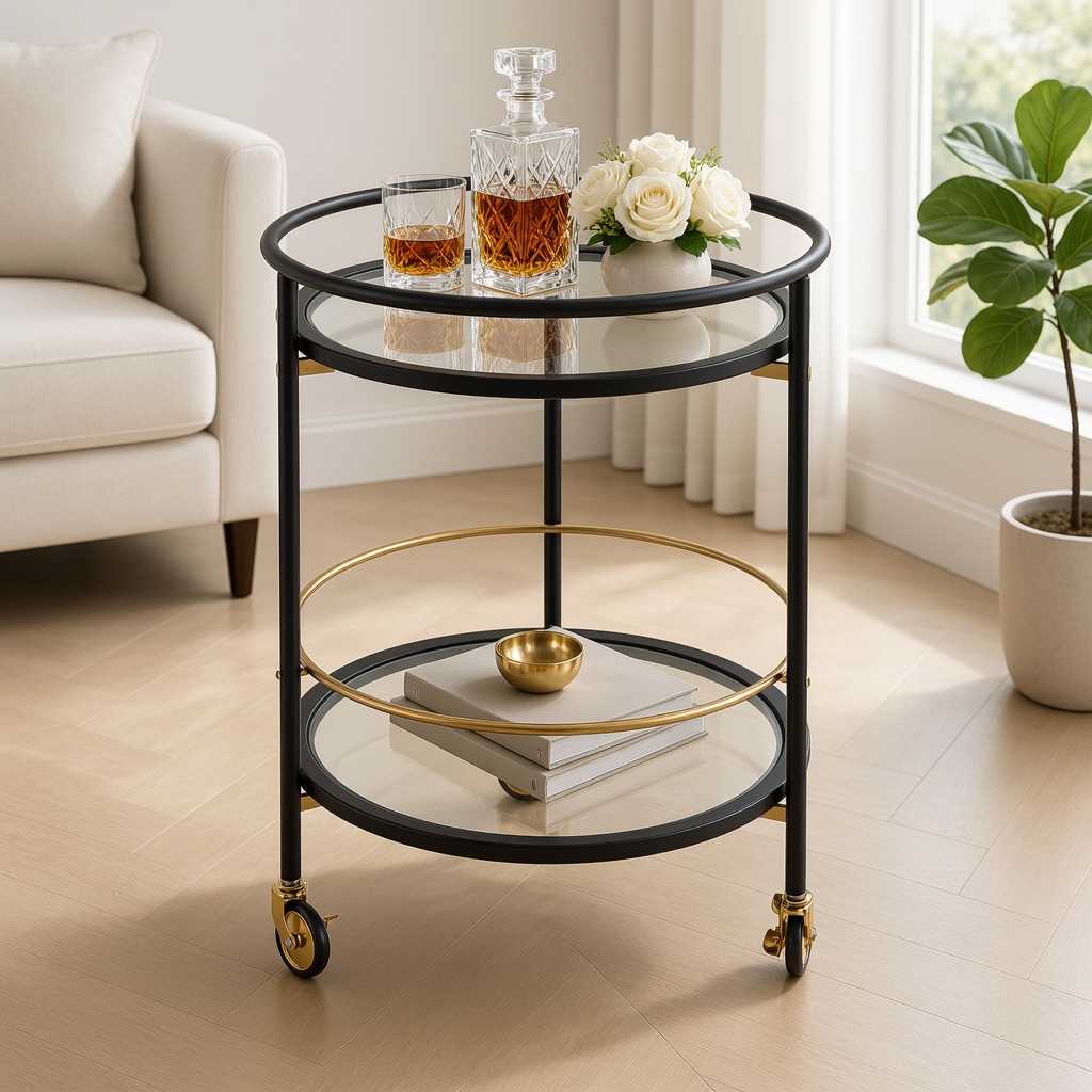 Round Black Bar Cart, Gold Accents, 2 Tempered Glass Shelves