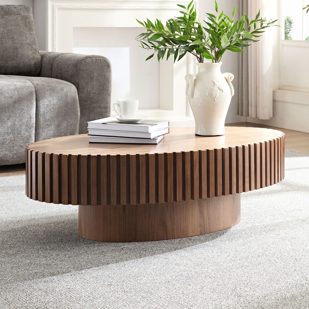 Walnut Oval Coffee Table, 43.7 in, 13.4 in Tall