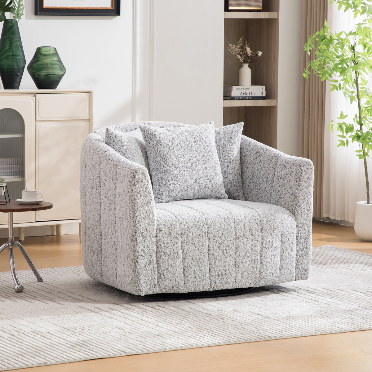 White Chenille Swivel Channel Tufted Barrel Chair