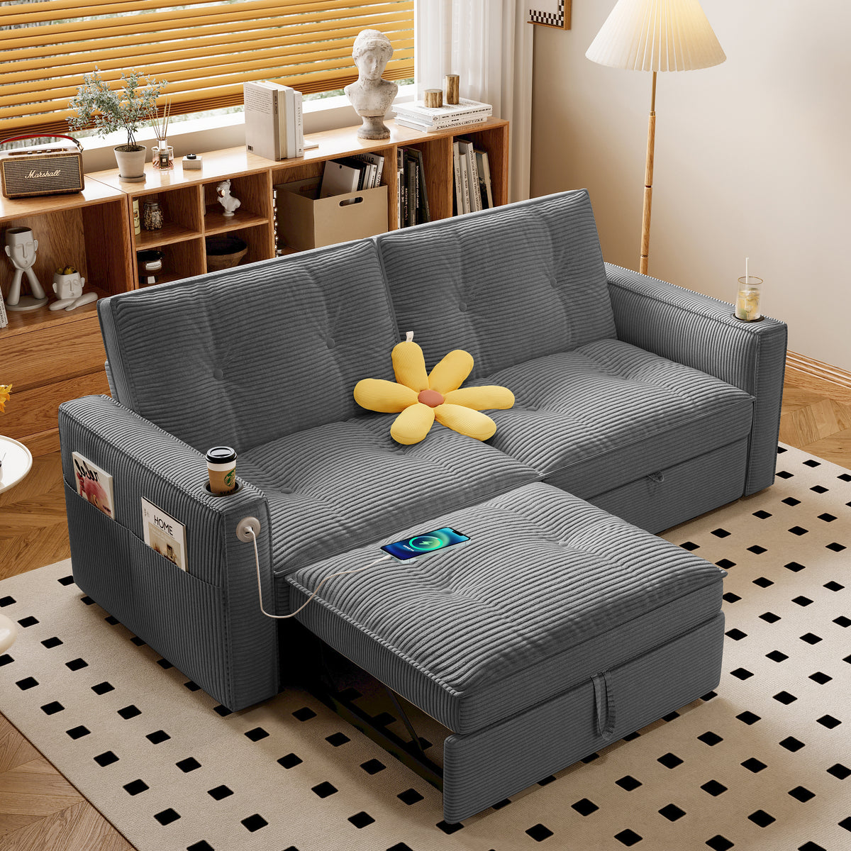 Gray Corduroy Sleeper Sofa, 72.6 in Wide