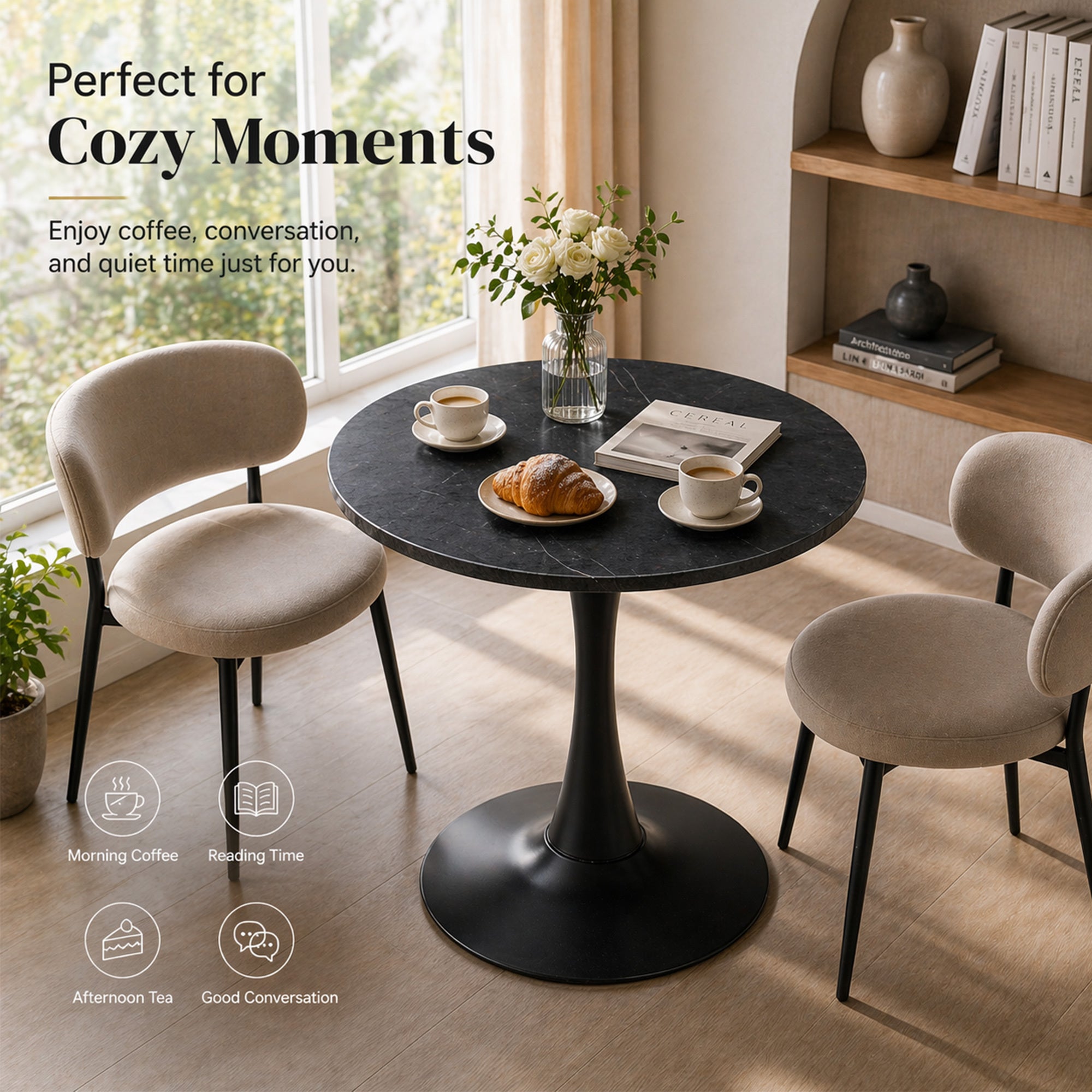 Feature graphic titled perfect for cozy moments with the black bistro table, coffee, croissant and two chairs