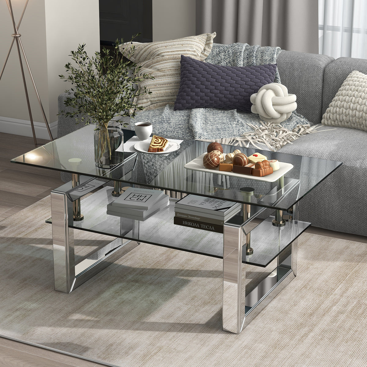 Silver Rectangular Coffee Table with Storage, 39.4 in
