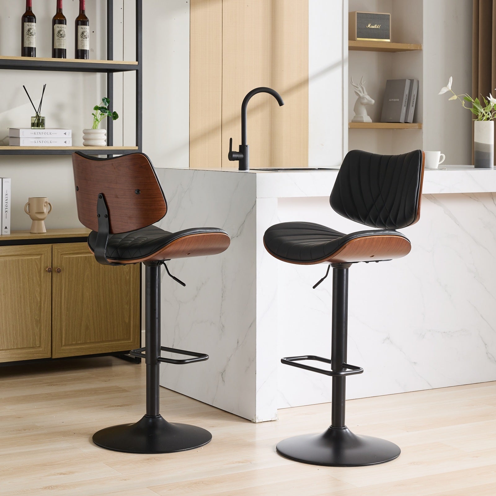Bentwood Bar Stool Set of 2, Black Vegan Leather, Swivel Adjustable