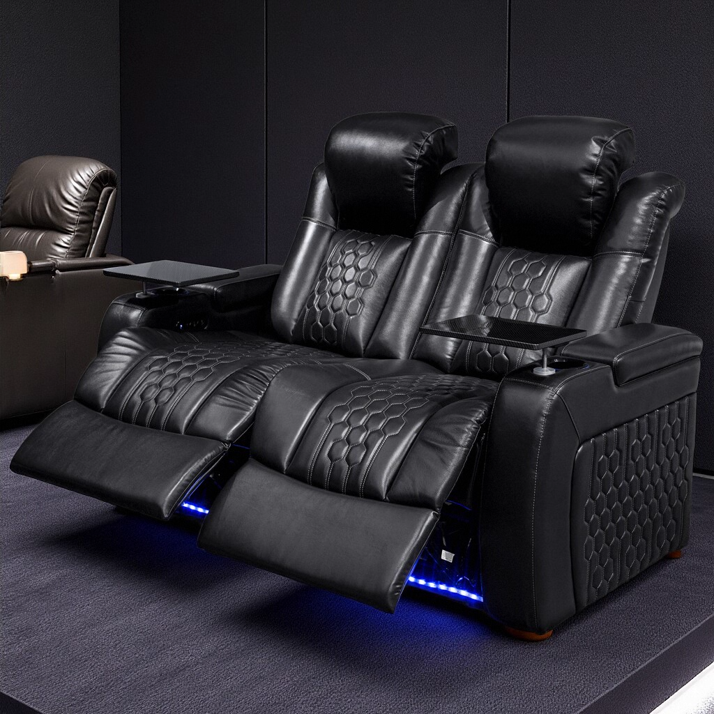 Black Top Grain Leather Power Reclining Sofa, 62.2 in Wide
