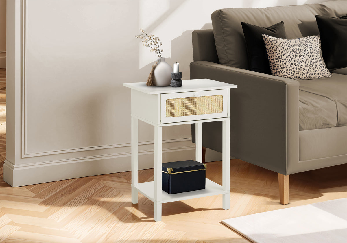White Rattan Side Table with Storage, 18 in
