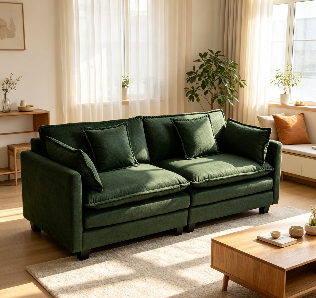Green Chenille Modular Sectional Couch, 78 in Wide