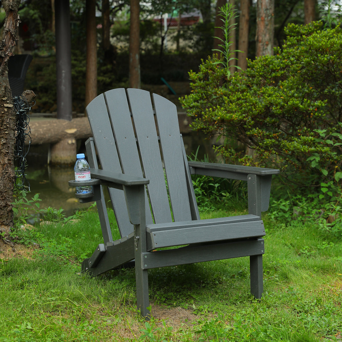 Gray HDPE Folding Adirondack Chair, with Cup Holder, 34.7 in Tall