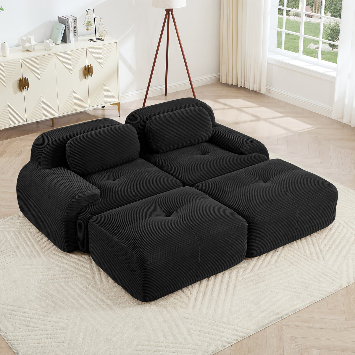 Black Corduroy Modular 2-Seat Curved Sofa