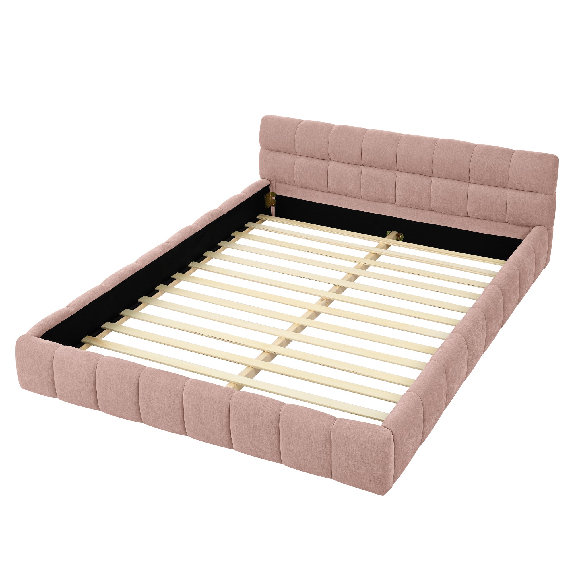 Bare pink chenille low profile queen bed frame, studio angle, chunky channel-tufted rails and wood slats #Color_Pink