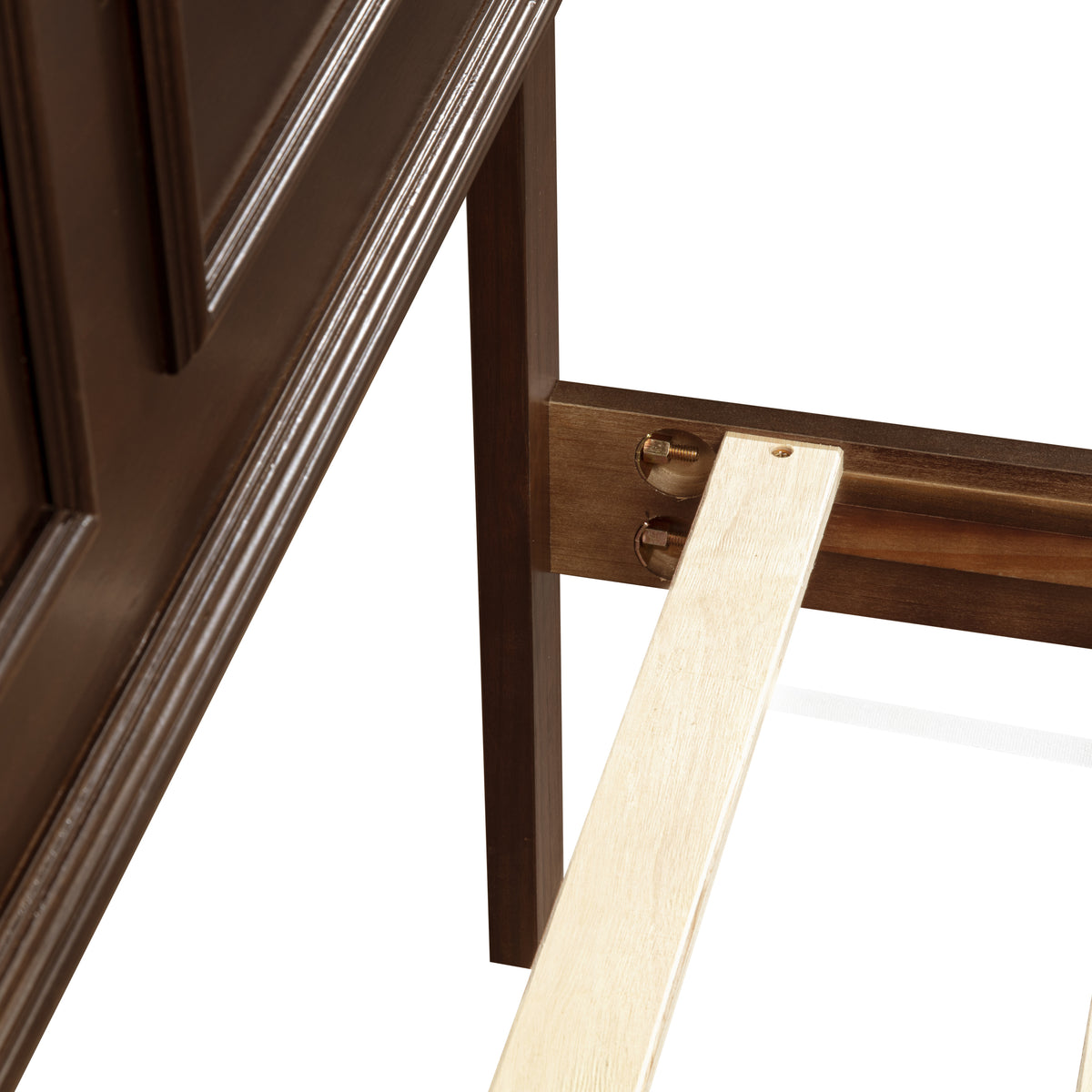 Closeup of rich brown side rail bolt connection with a light wood slat