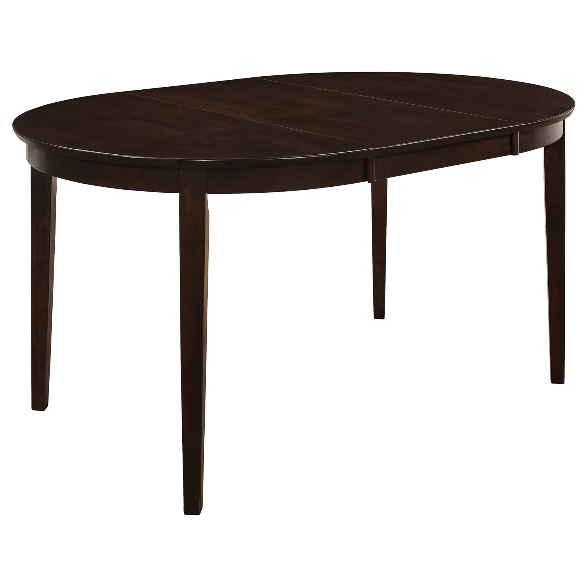 Cappuccino oval extendable dining table with four tapered legs on a plain white background