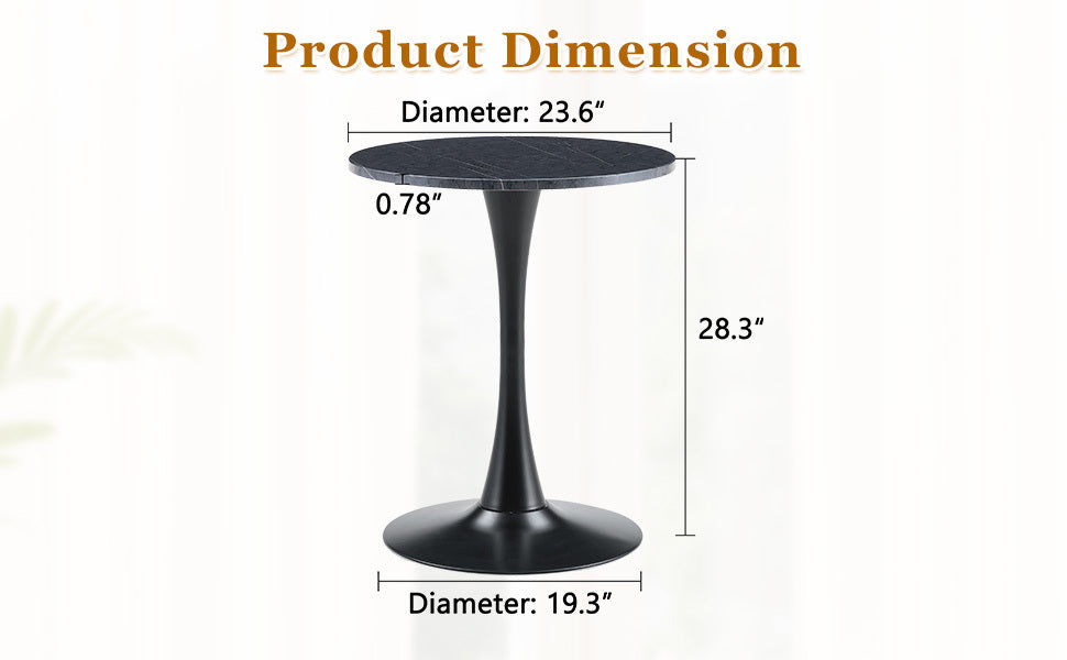 Dimension diagram of the black bistro table shown at right with labeled measurements