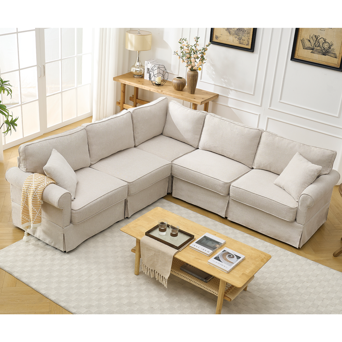 Beige L-Shaped Modular Sectional Couch, 94 in Wide