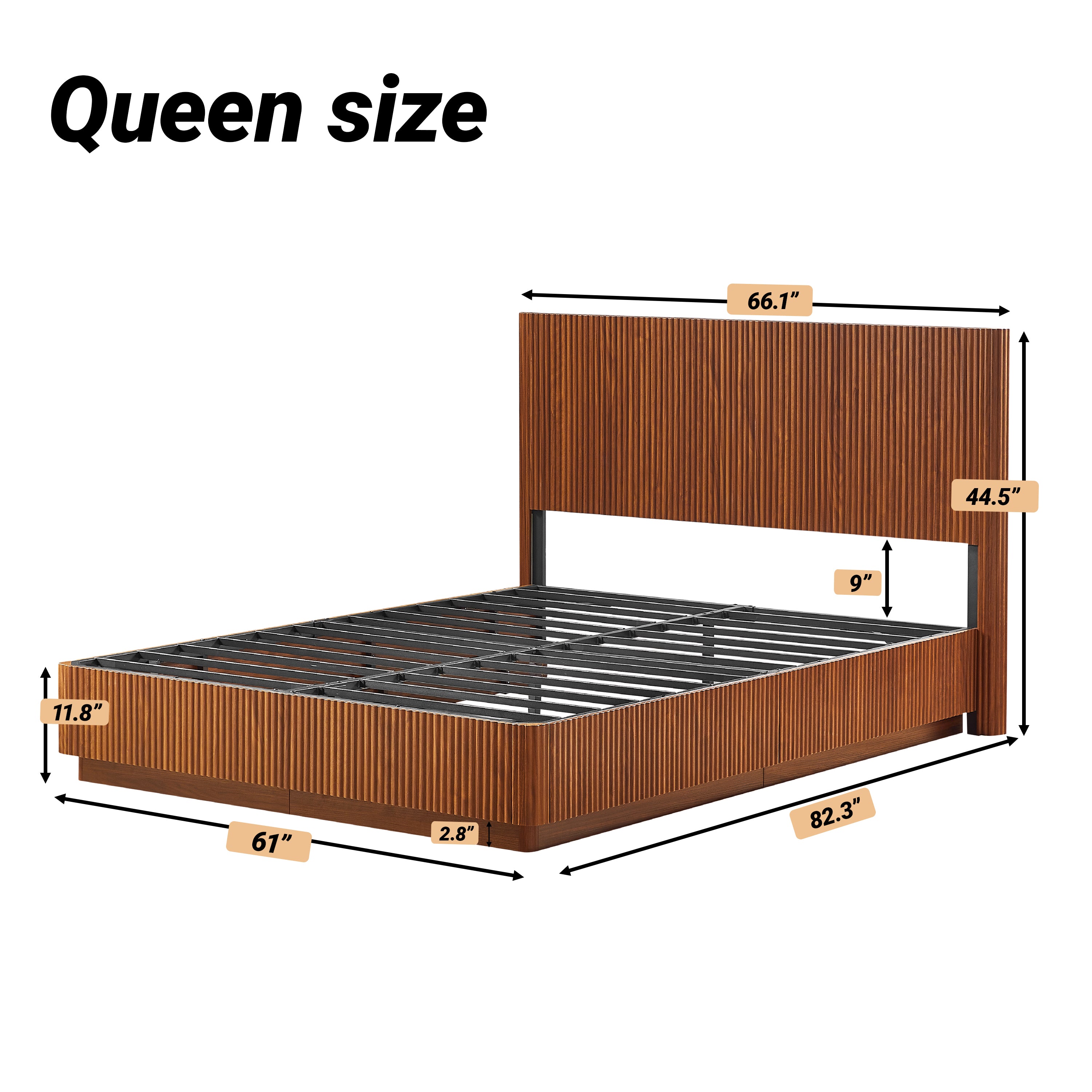 Dimension diagram of the modern queen bed frame: 82.3 in long, 61 in wide, 66 in headboard, 44.5 in tall #Color_Walnut