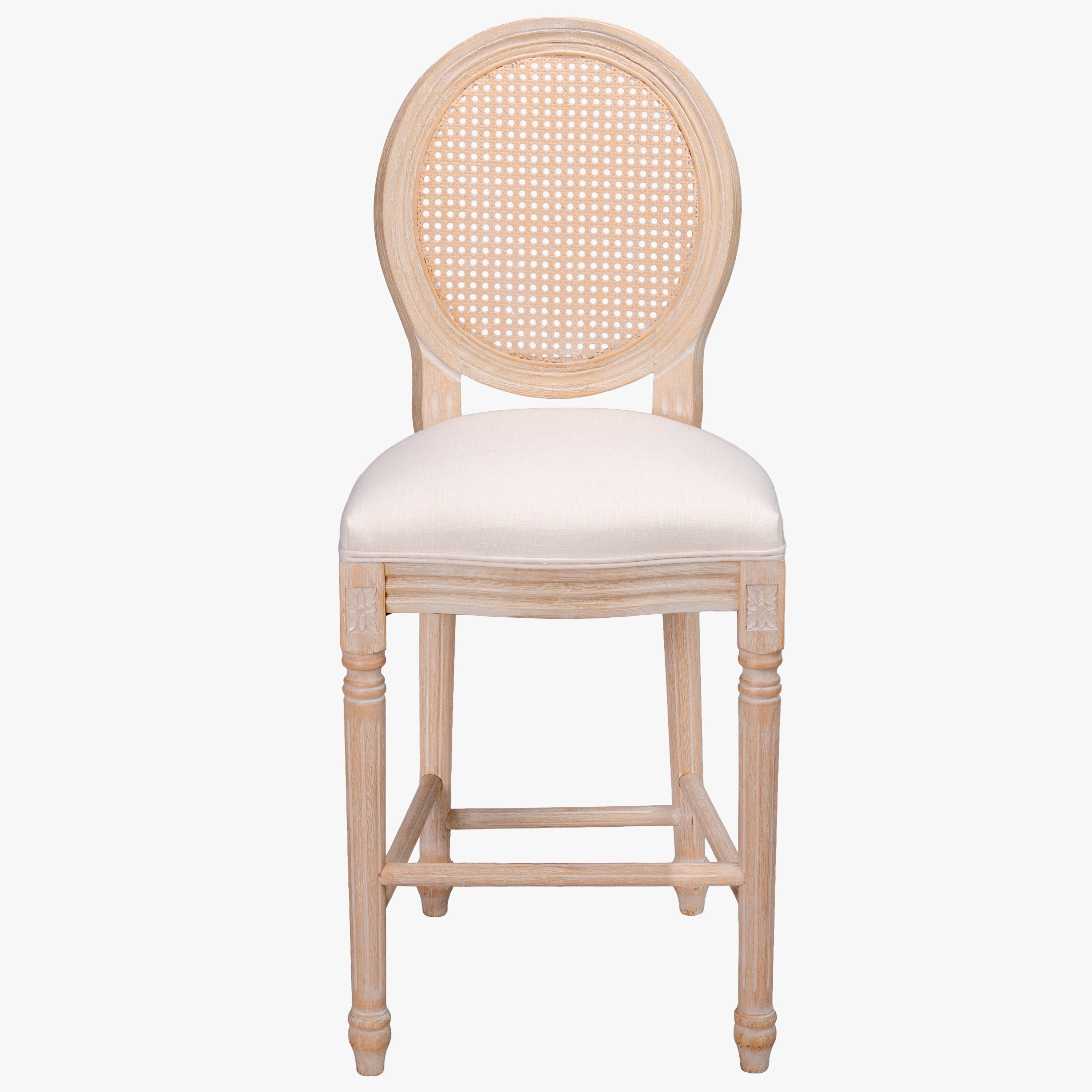 Counter Stool Set of 2, Cane Round Back, Beige Linen, Wood Frame