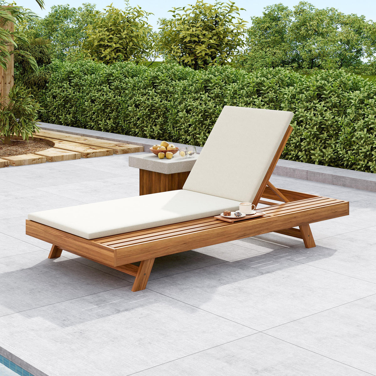 Teak Finish Solid Wood Outdoor Chaise Lounge, Cream Cushion