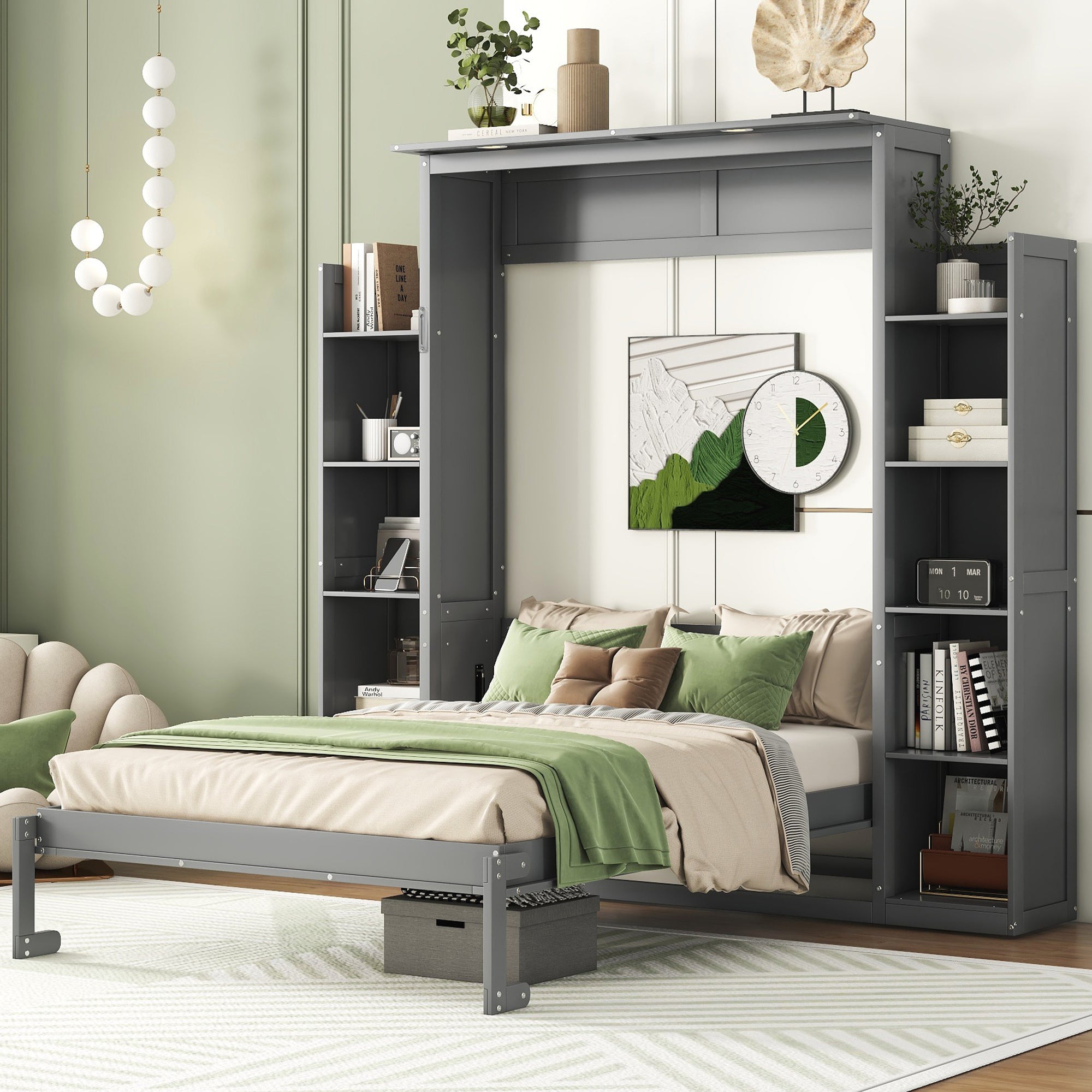 Murphy Bed with Shelves and LED Lights, Gray