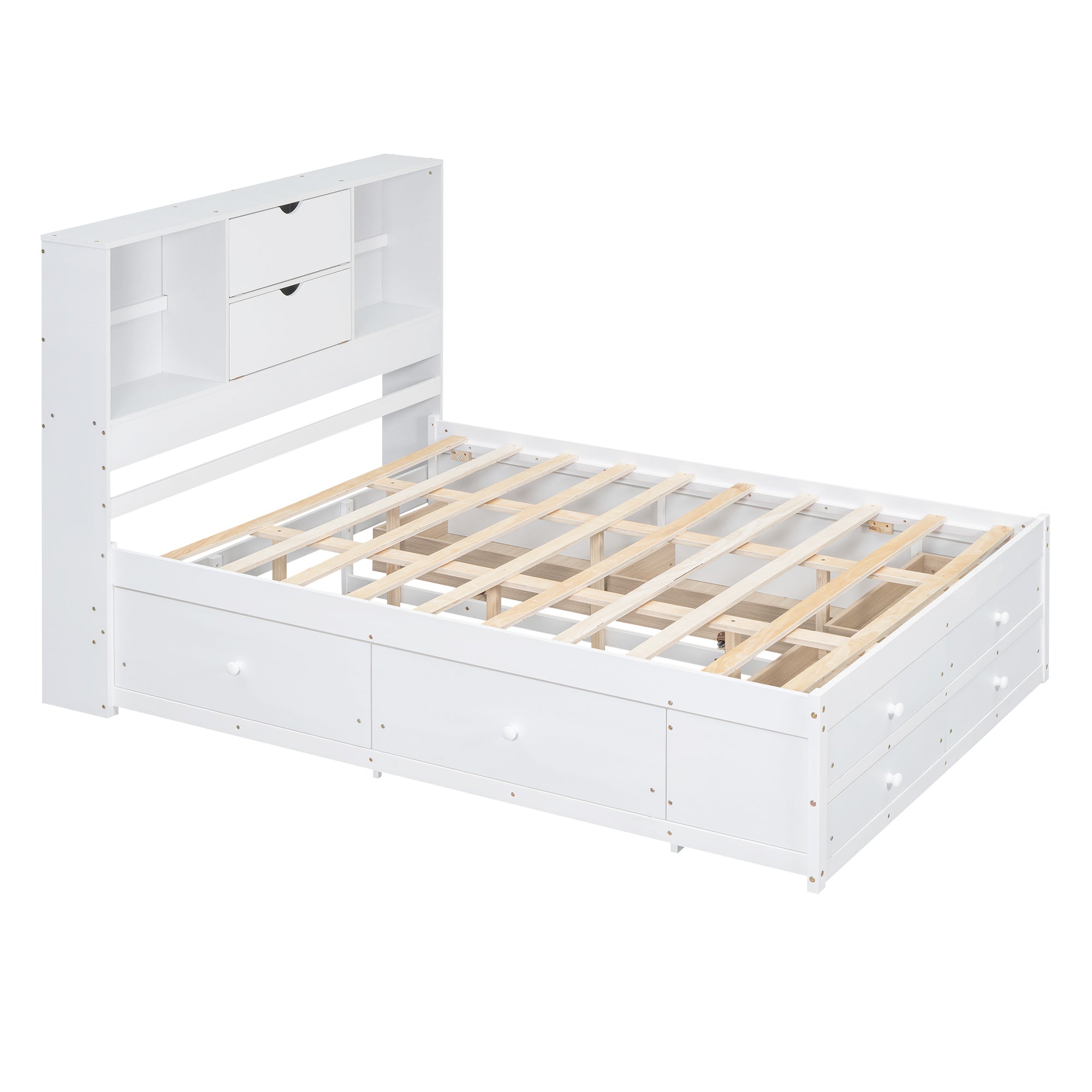 Angled bare studio view of the white queen bed frame with bookcase headboard and closed drawers