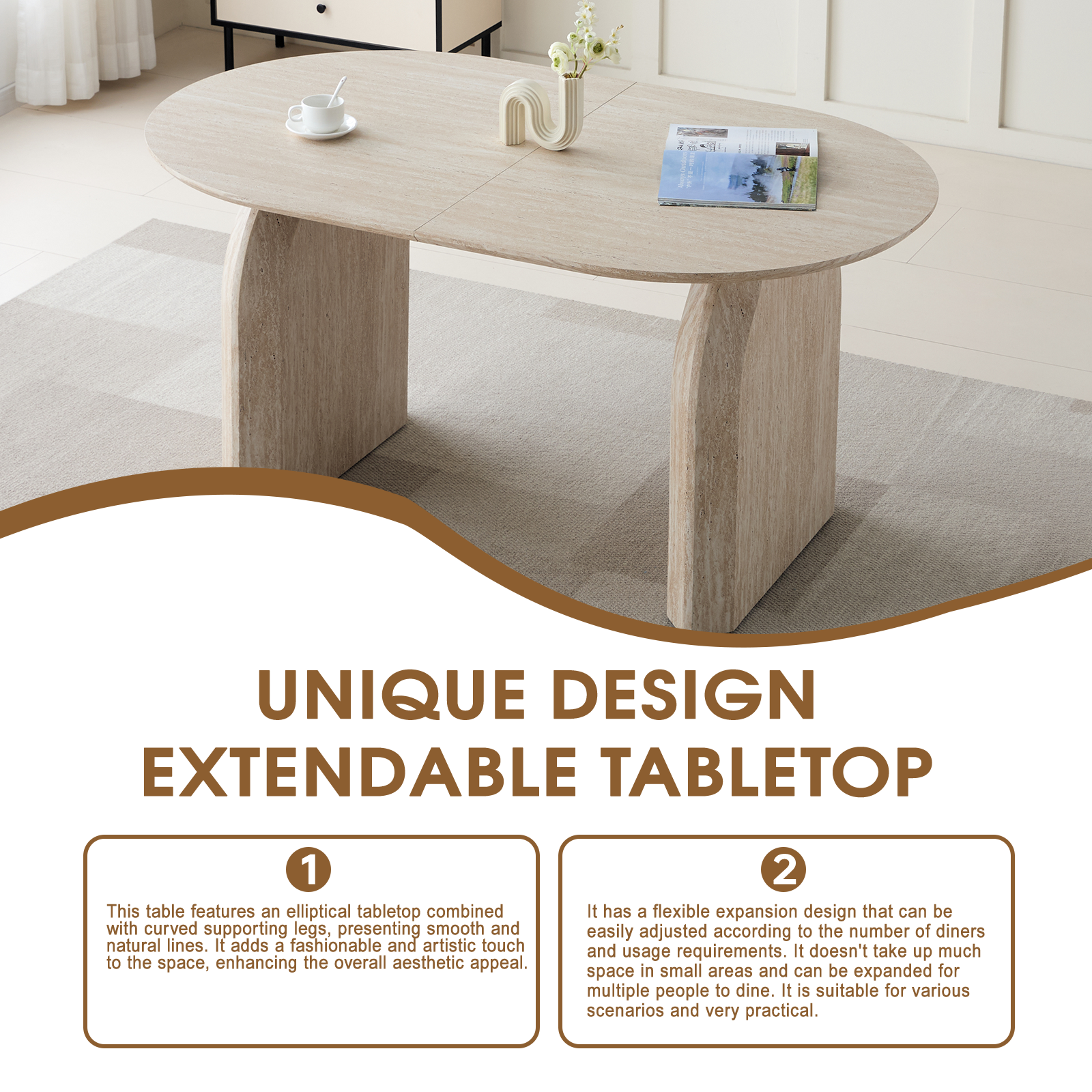 Feature graphic titled Unique Design Extendable Tabletop showing the oval table with two callouts