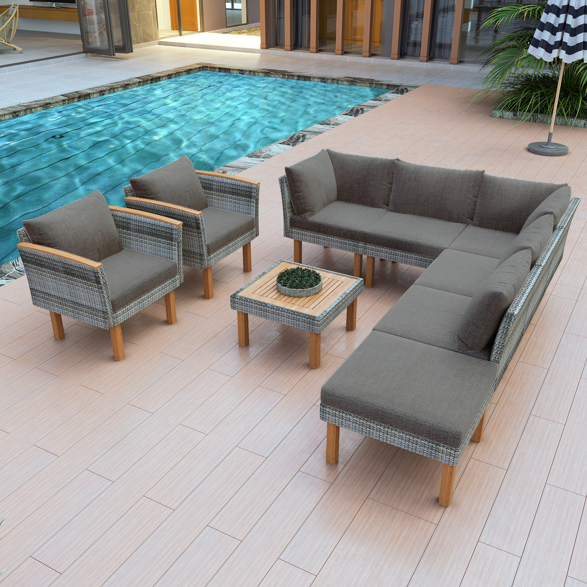 Gray Wicker 9-Piece Outdoor Sofa Set with Cushions