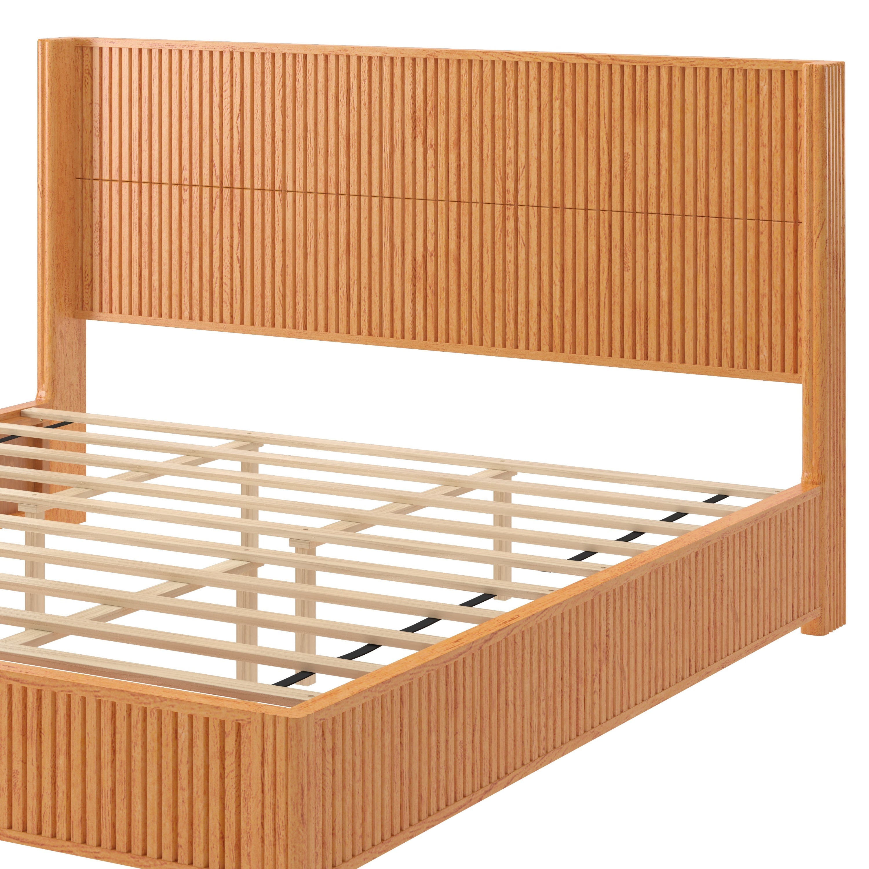 Close-up of wood slat support system on natural wood king bed frame
