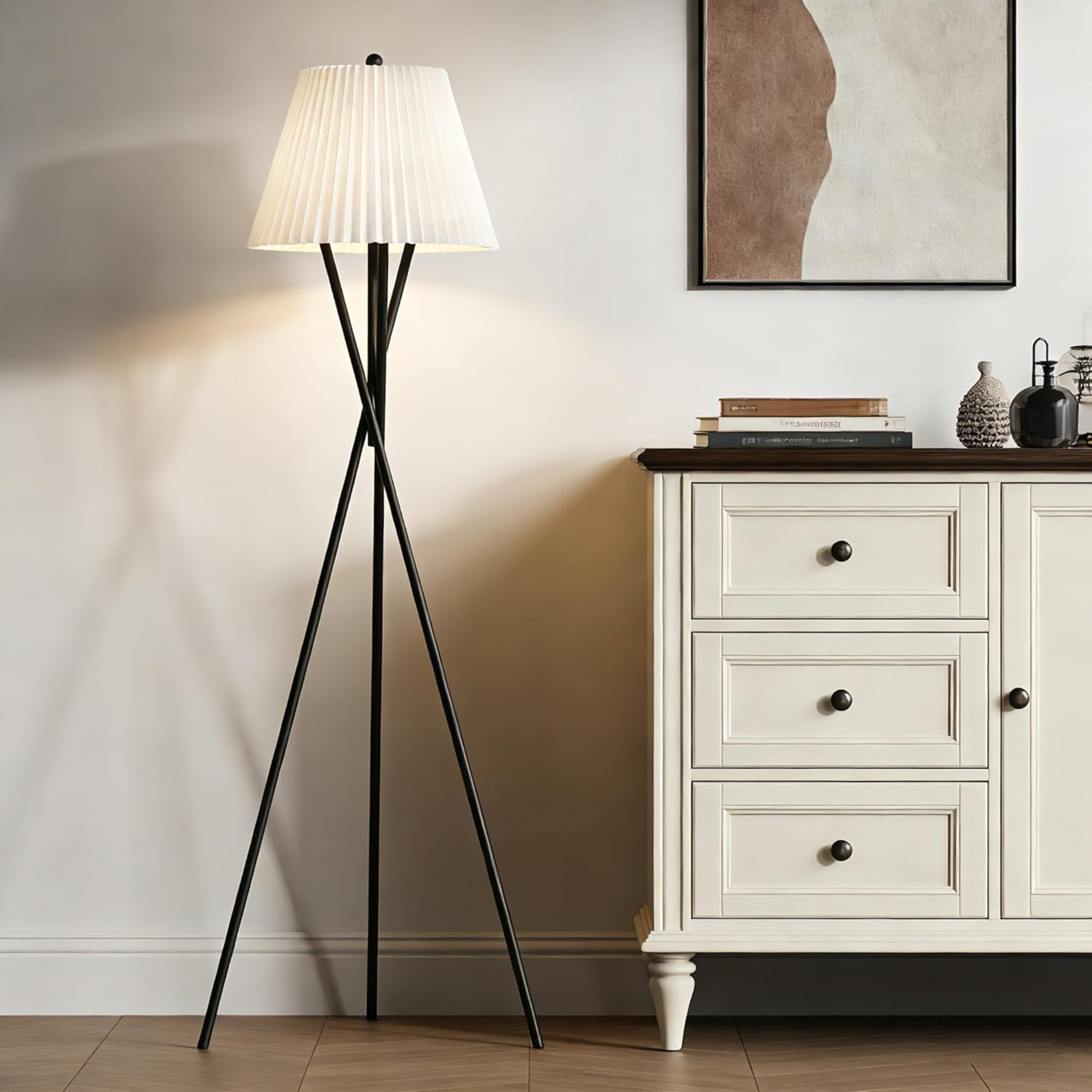 Floor Lamp, Pleated Fabric Shade, Black Metal Finish