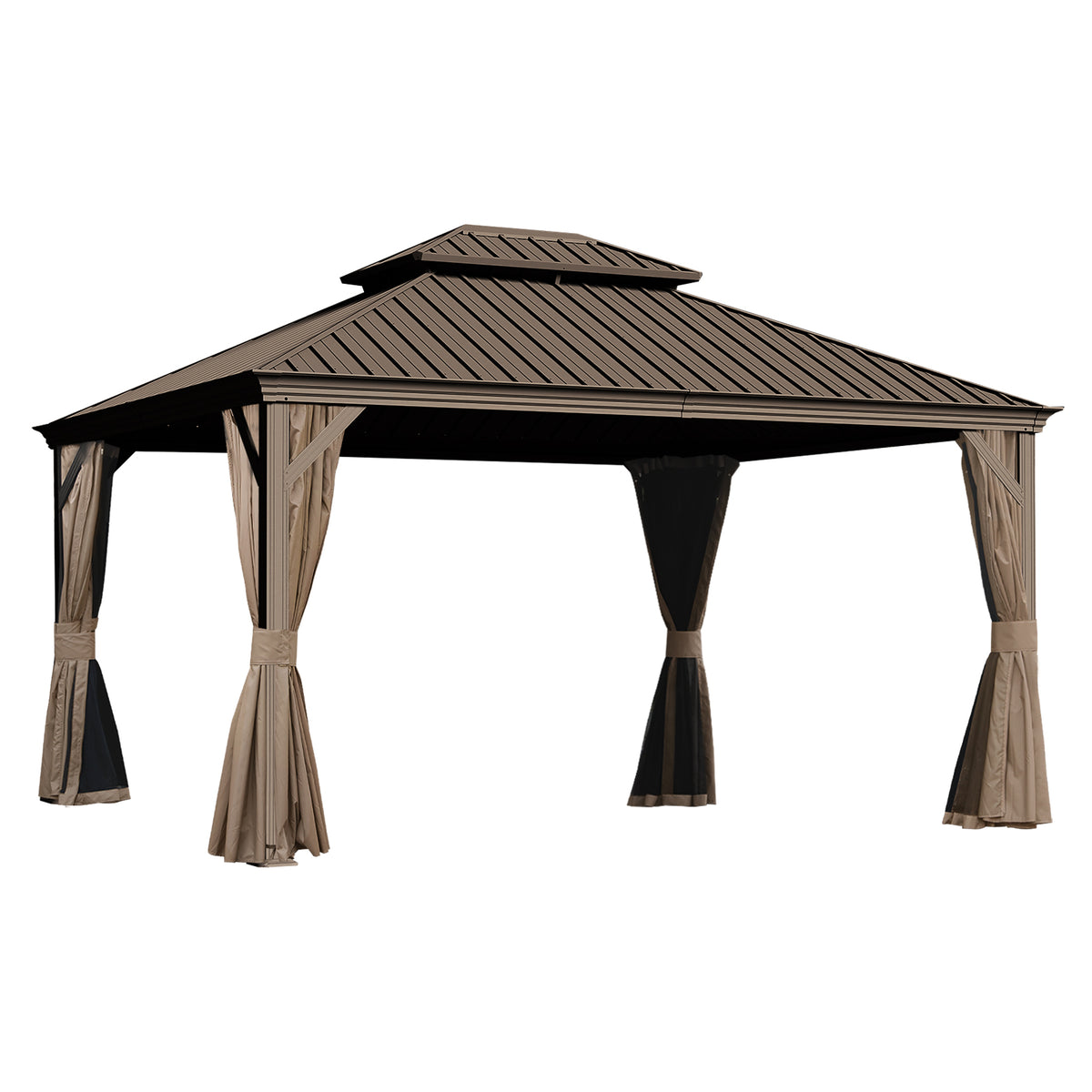 11x13 ft Brown Metal Double Roof Hardtop Gazebo with Netting and Curtains