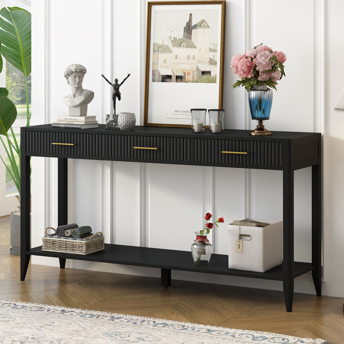 Black Entryway Console Table, 3 Drawers, 60 in Wide