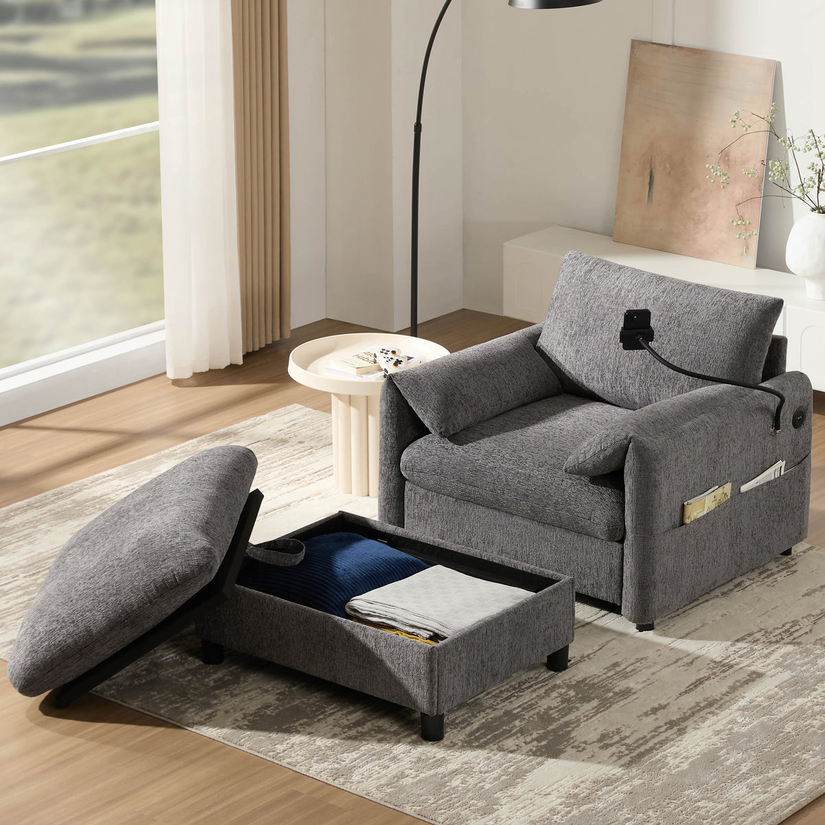 Gray Chenille Chaise Lounge Chair with Ottoman