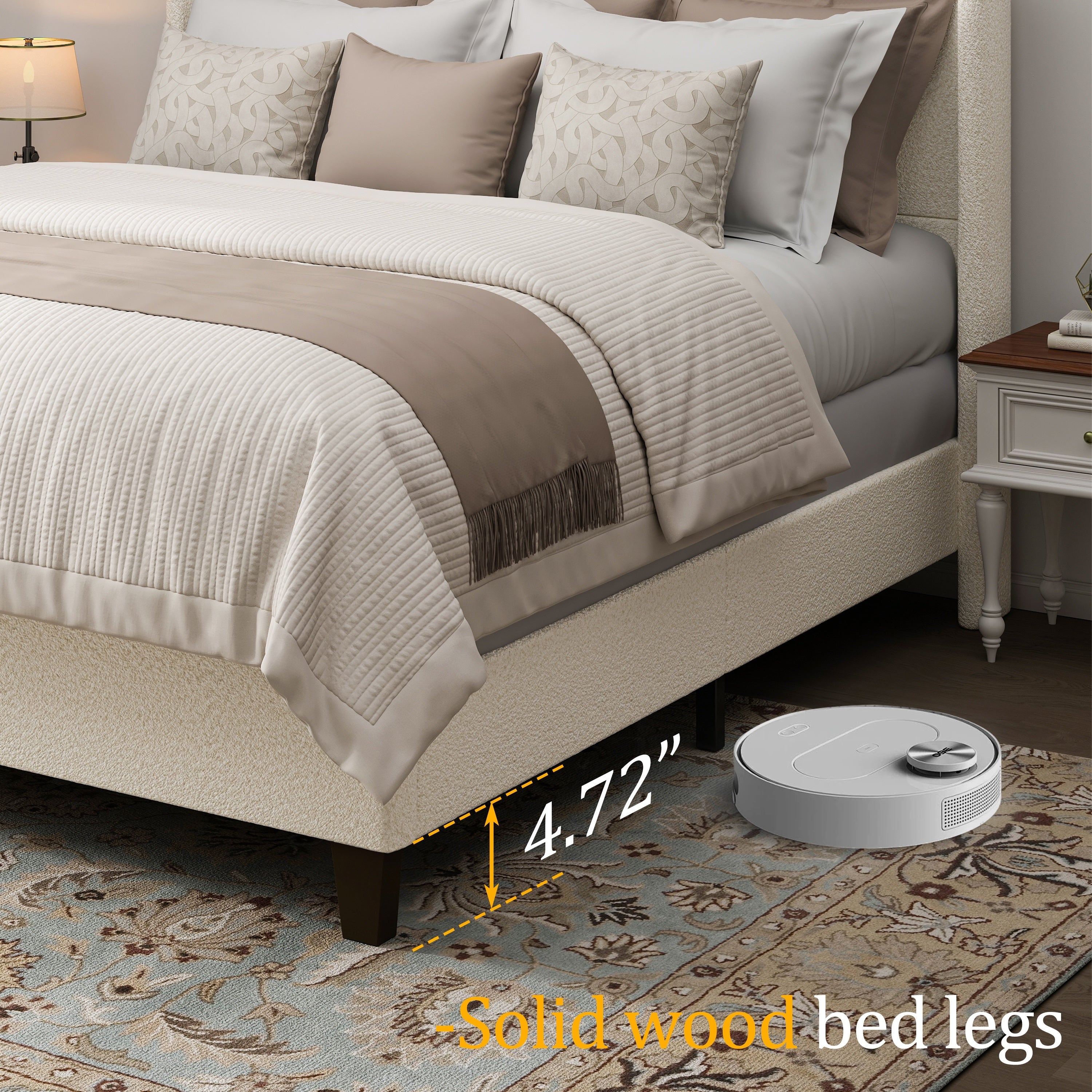 Diagram illustrating deep-profile tufted floor mat placement under bed frame